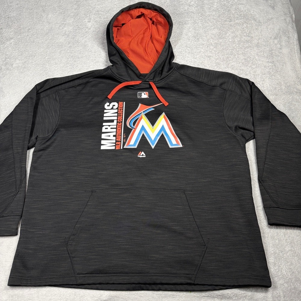 Majestic Miami Marlins Hoodie Mens 2XL Black MLB Authentic Therma‎ Base 2016